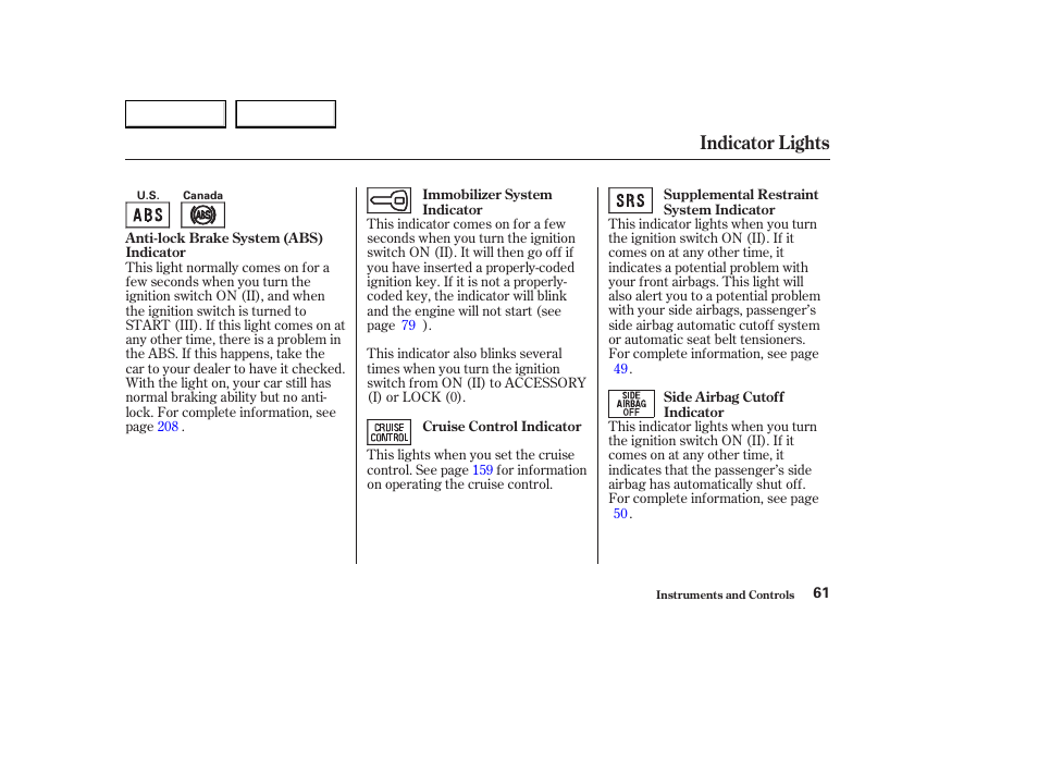 Indicator lights | Acura 2003 CL - Owner's Manual User Manual | Page 64 / 355