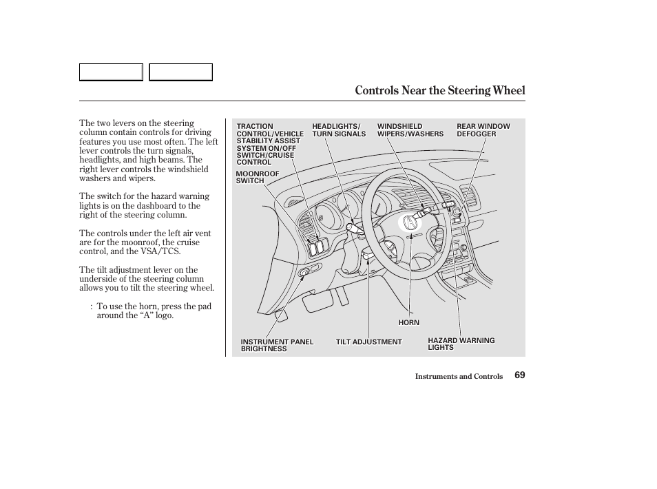 Controls near the steering wheel | Acura 2003 CL - Owner's Manual User Manual | Page 72 / 355