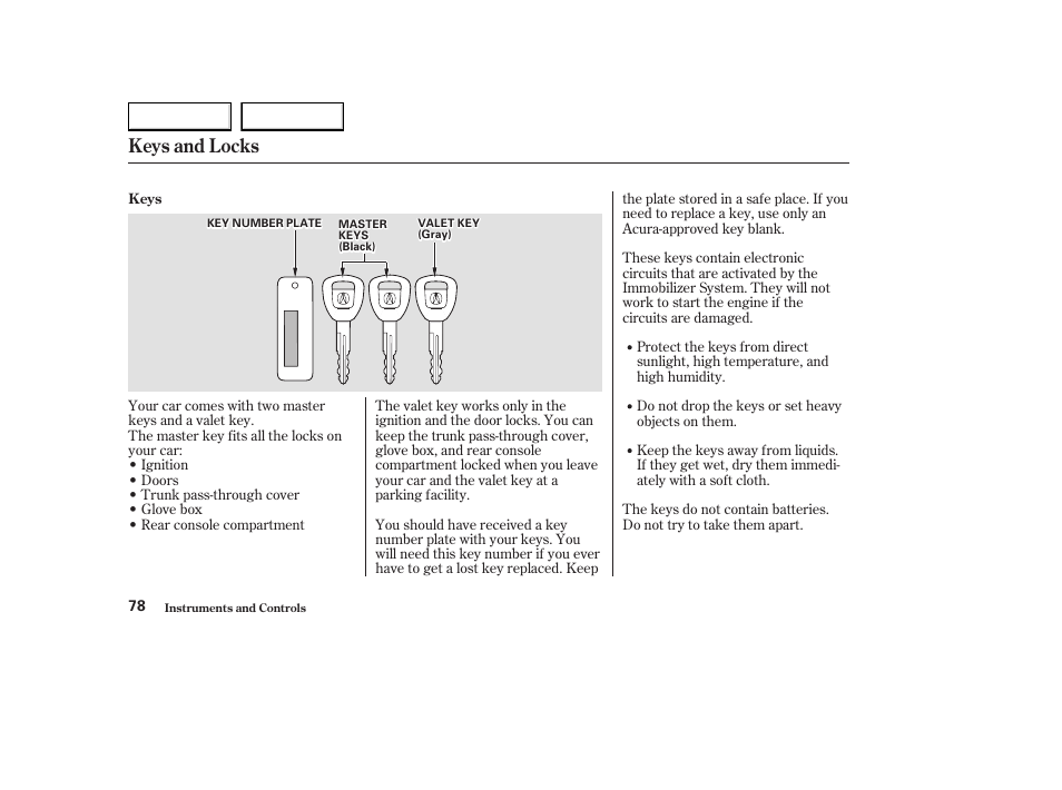 Keys and locks | Acura 2003 CL - Owner's Manual User Manual | Page 81 / 355
