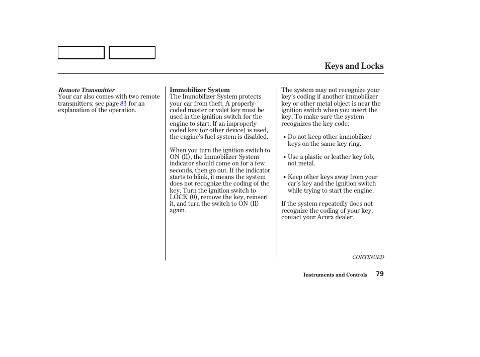 Keys and locks | Acura 2003 CL - Owner's Manual User Manual | Page 82 / 355