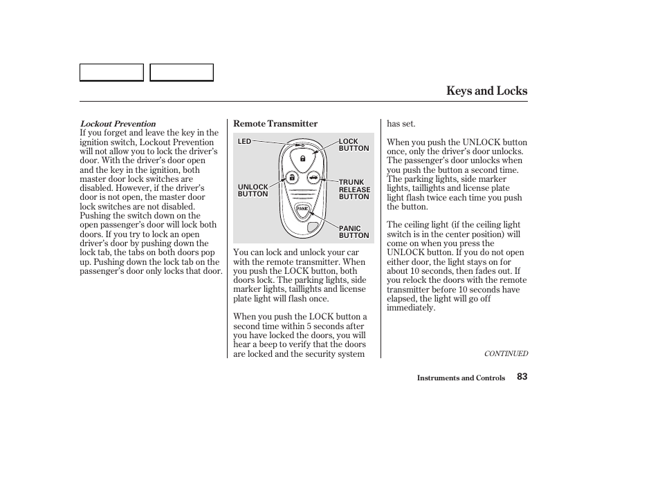 Keys and locks | Acura 2003 CL - Owner's Manual User Manual | Page 86 / 355