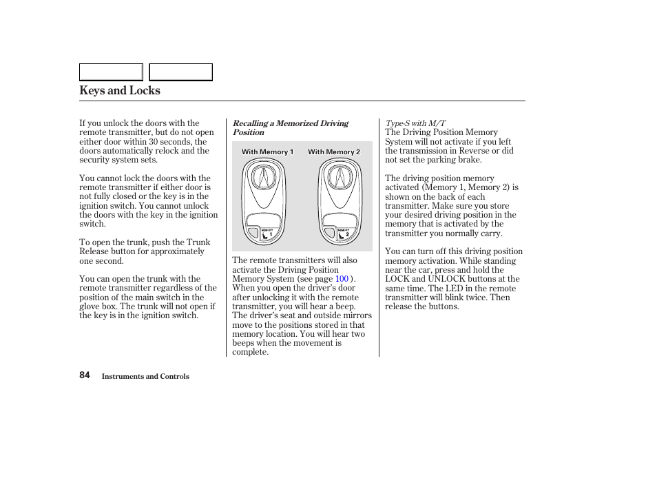 Keys and locks | Acura 2003 CL - Owner's Manual User Manual | Page 87 / 355
