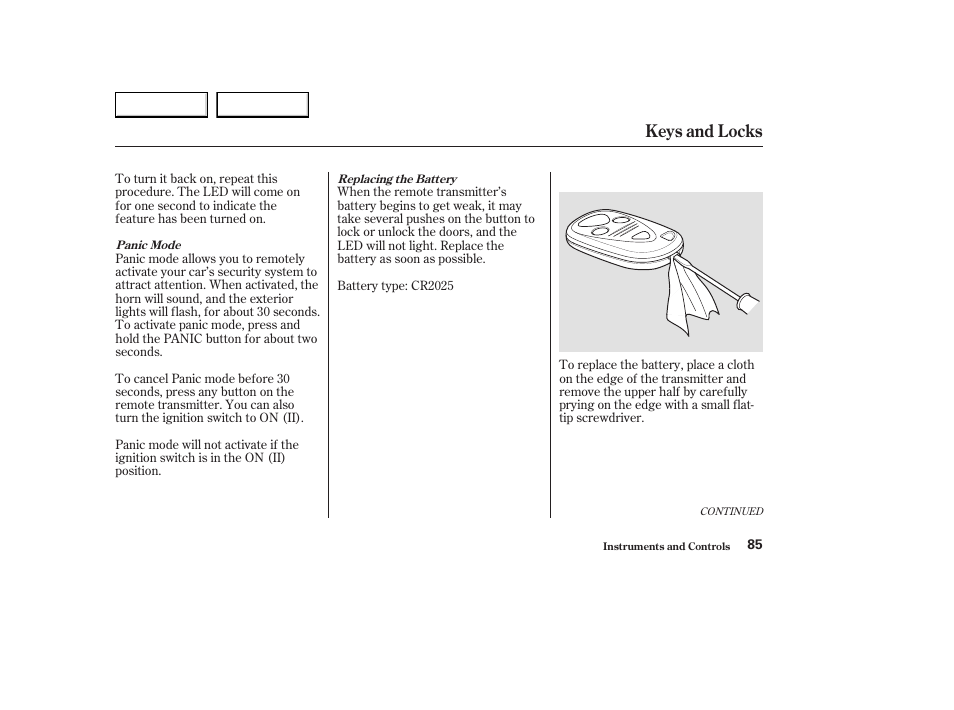 Keys and locks | Acura 2003 CL - Owner's Manual User Manual | Page 88 / 355