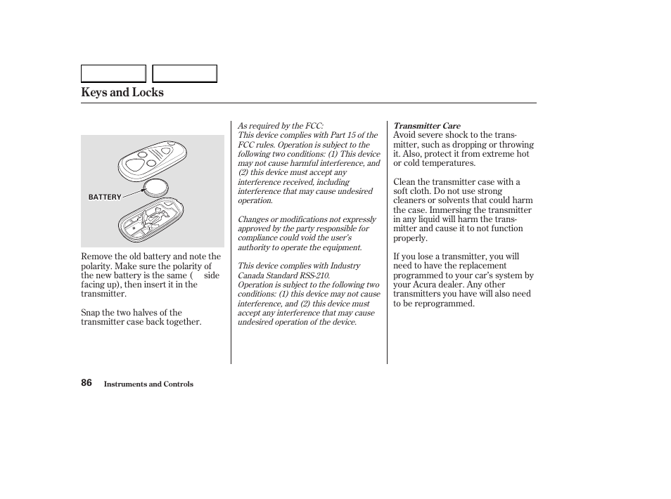 Keys and locks | Acura 2003 CL - Owner's Manual User Manual | Page 89 / 355