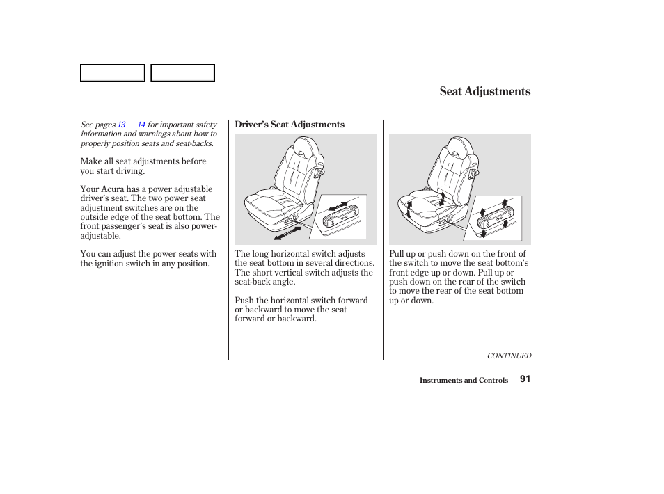 Seat adjustments | Acura 2003 CL - Owner's Manual User Manual | Page 94 / 355