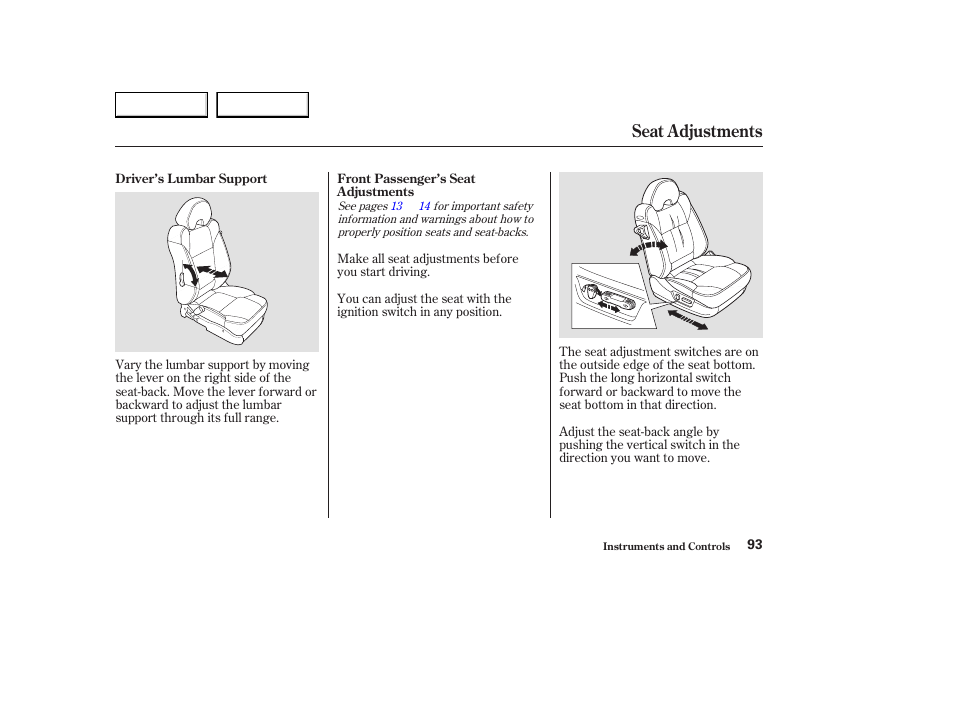 Seat adjustments | Acura 2003 CL - Owner's Manual User Manual | Page 96 / 355