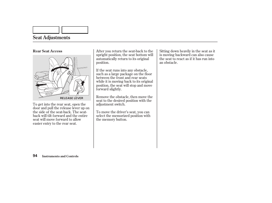 Seat adjustments | Acura 2003 CL - Owner's Manual User Manual | Page 97 / 355