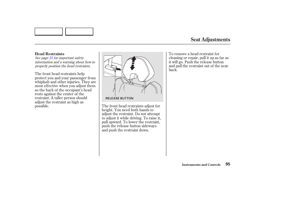 Seat adjustments | Acura 2003 CL - Owner's Manual User Manual | Page 98 / 355