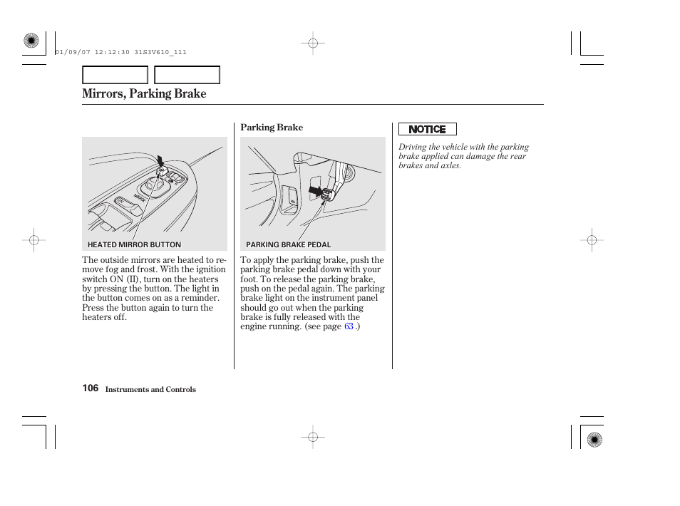 Mirrors, parking brake | Acura 2002 MDX - Owner's Manual User Manual | Page 110 / 372