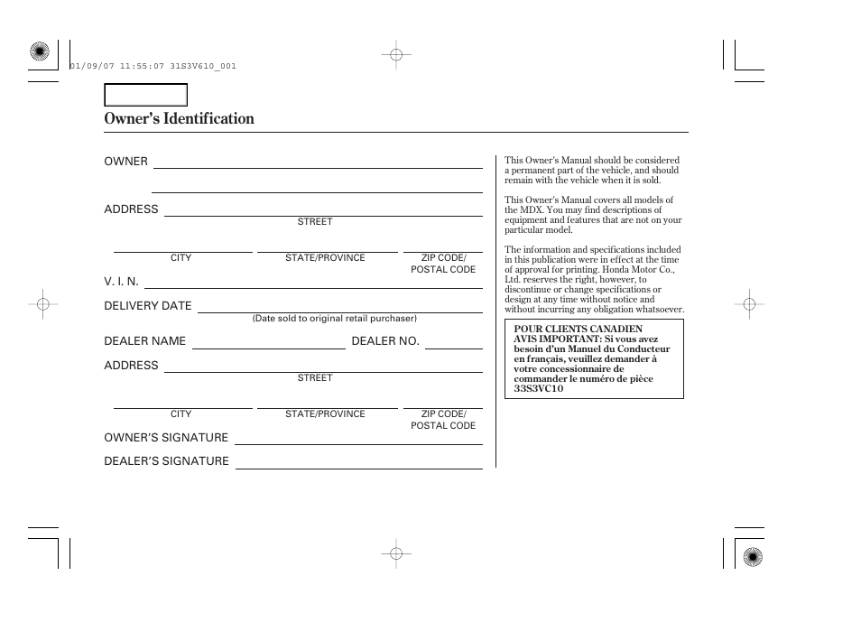 Owner's identification form, Owner’s identification | Acura 2002 MDX - Owner's Manual User Manual | Page 2 / 372