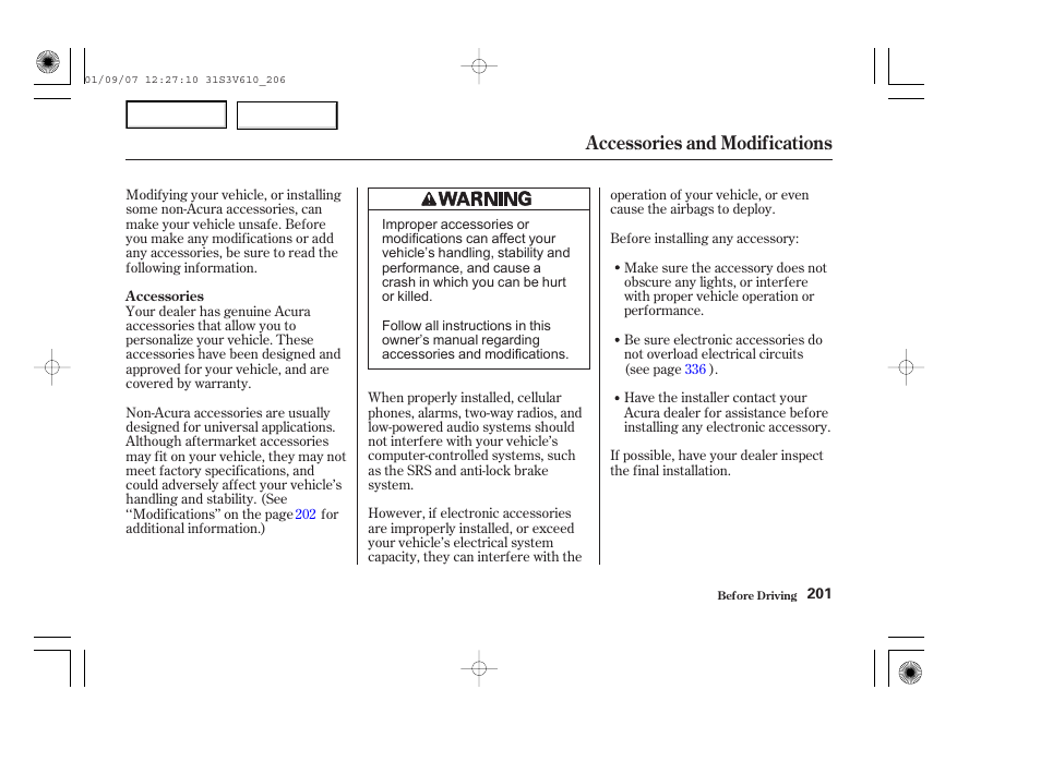 Accessories and modifications | Acura 2002 MDX - Owner's Manual User Manual | Page 205 / 372