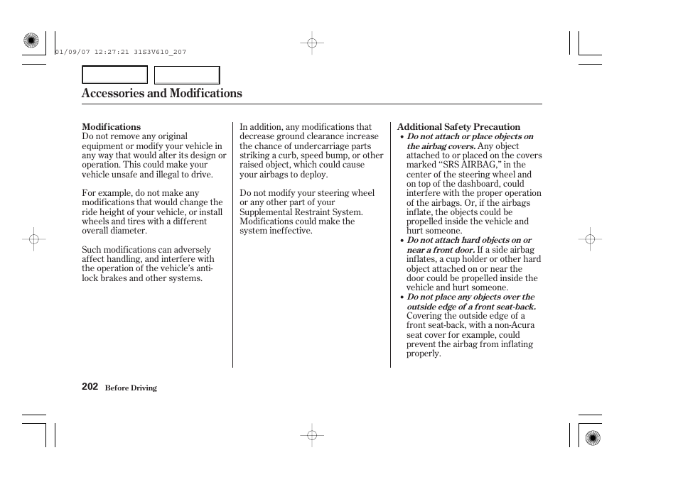 Accessories and modifications | Acura 2002 MDX - Owner's Manual User Manual | Page 206 / 372