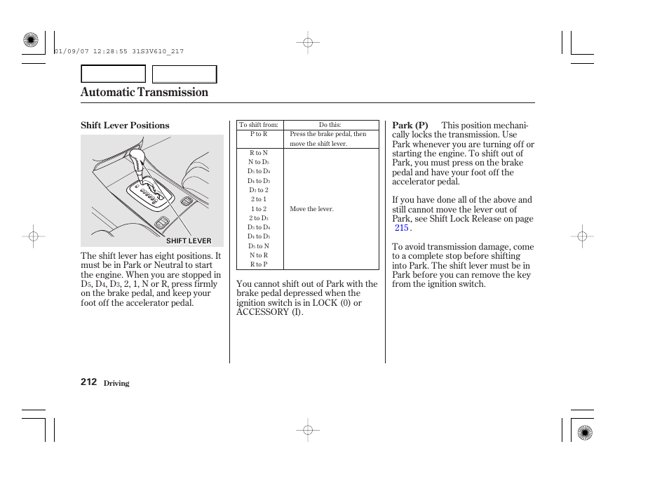 Automatic transmission | Acura 2002 MDX - Owner's Manual User Manual | Page 216 / 372