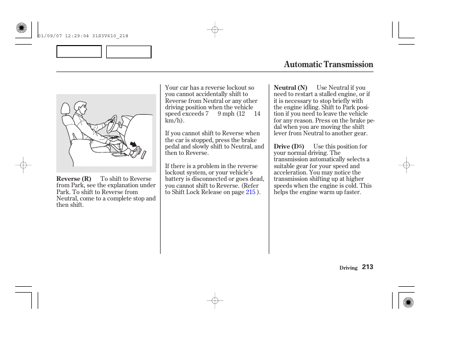 Automatic transmission | Acura 2002 MDX - Owner's Manual User Manual | Page 217 / 372