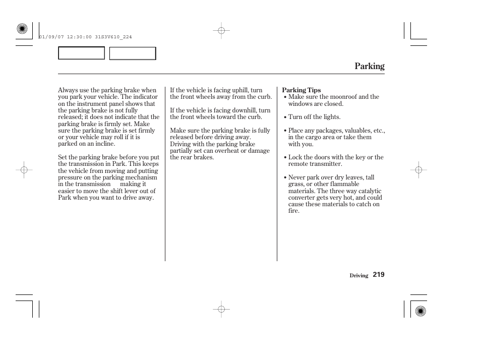 Parking | Acura 2002 MDX - Owner's Manual User Manual | Page 223 / 372