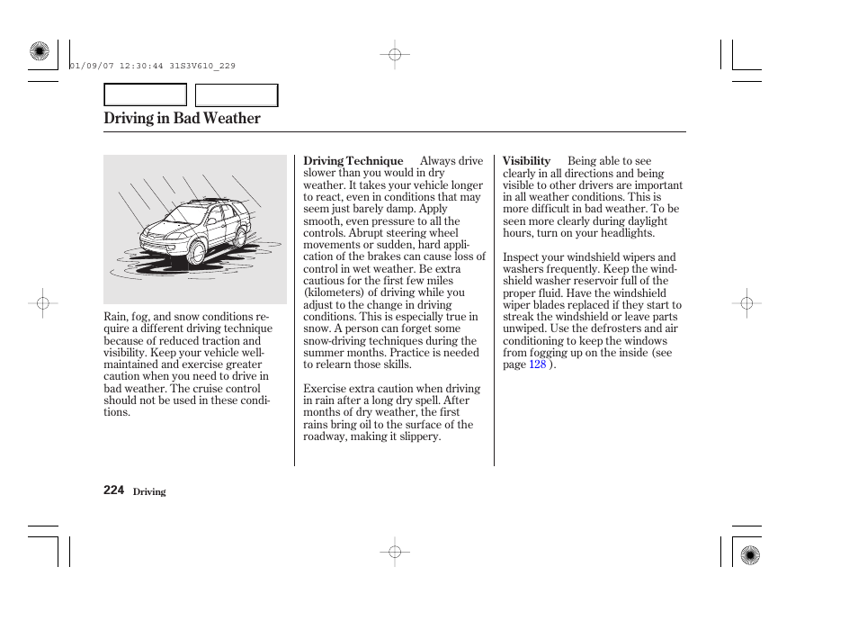 Driving in bad weather | Acura 2002 MDX - Owner's Manual User Manual | Page 228 / 372