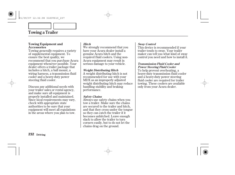 Towing a trailer | Acura 2002 MDX - Owner's Manual User Manual | Page 236 / 372