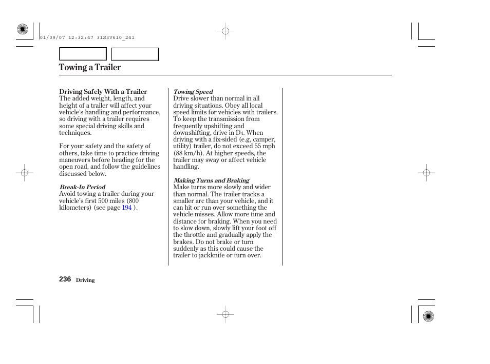 Towing a trailer | Acura 2002 MDX - Owner's Manual User Manual | Page 240 / 372