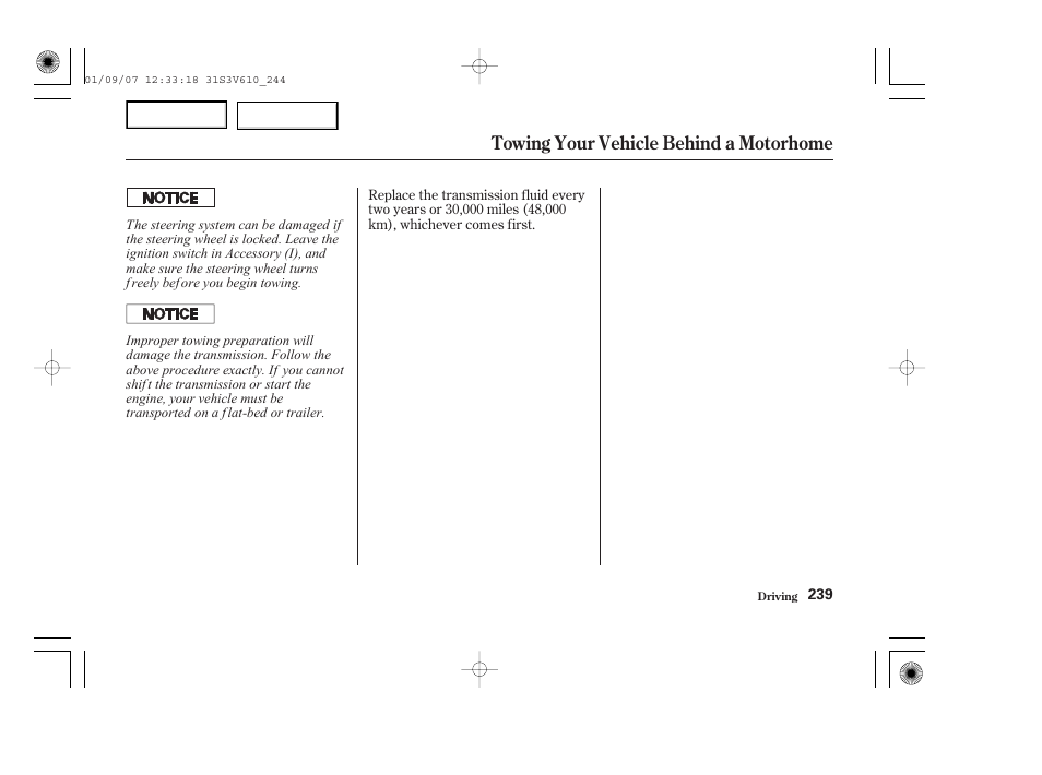 Towing your vehicle behind a motorhome | Acura 2002 MDX - Owner's Manual User Manual | Page 243 / 372