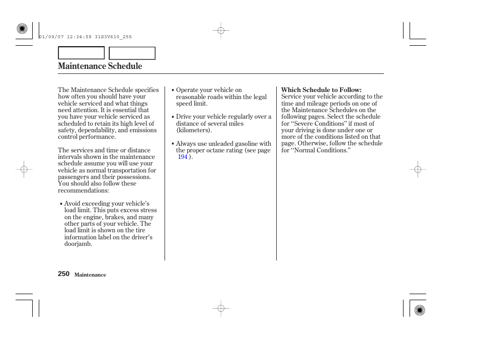 Maintenance schedule | Acura 2002 MDX - Owner's Manual User Manual | Page 254 / 372