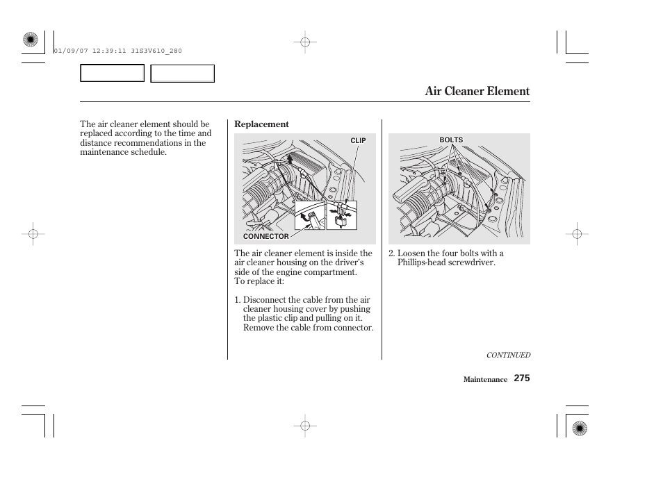 Air cleaner element | Acura 2002 MDX - Owner's Manual User Manual | Page 279 / 372