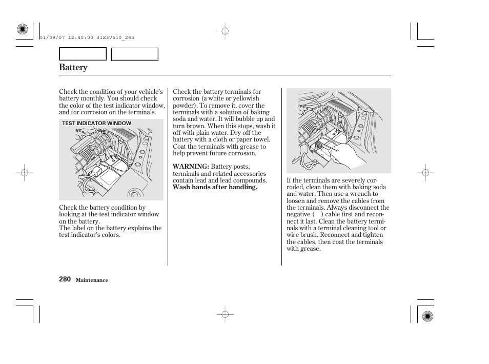 Battery | Acura 2002 MDX - Owner's Manual User Manual | Page 284 / 372