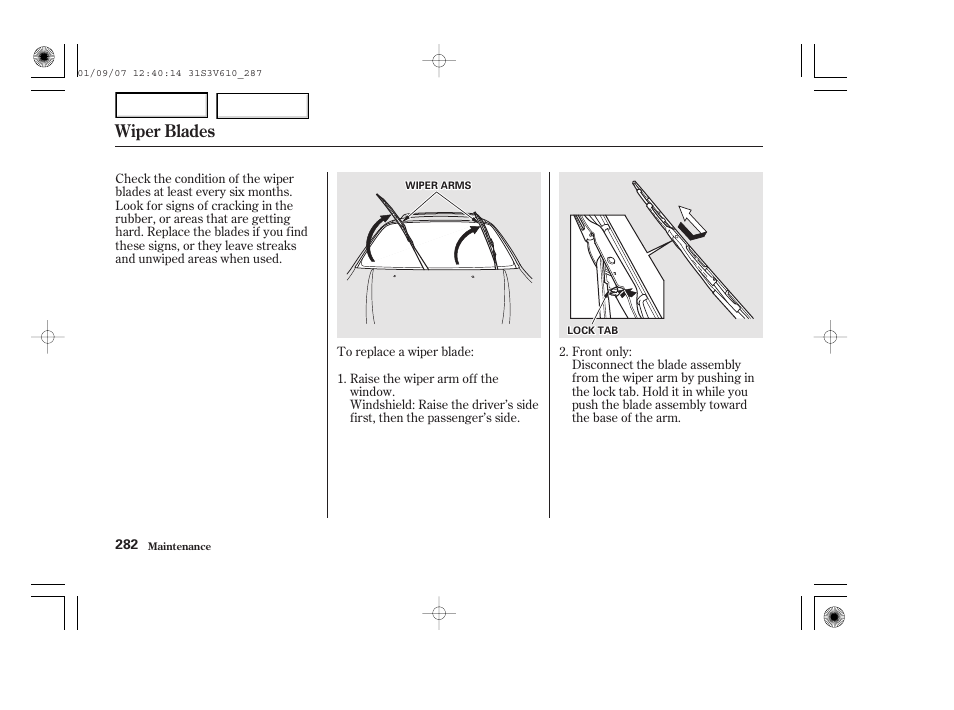 Wiper blades | Acura 2002 MDX - Owner's Manual User Manual | Page 286 / 372