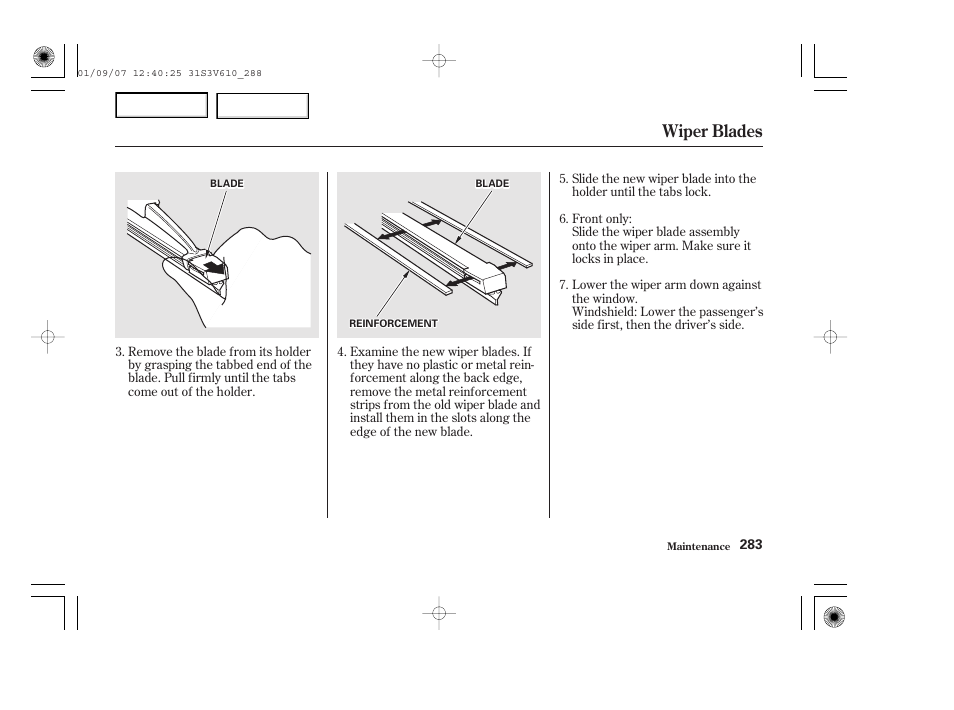 Wiper blades | Acura 2002 MDX - Owner's Manual User Manual | Page 287 / 372