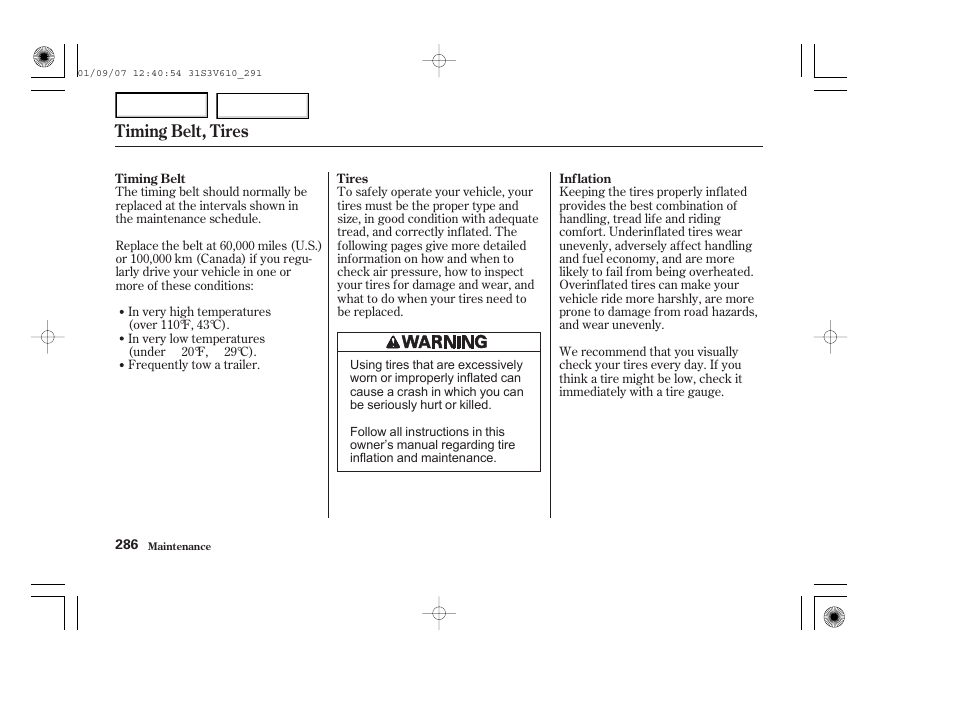 Timing belt, tires | Acura 2002 MDX - Owner's Manual User Manual | Page 290 / 372