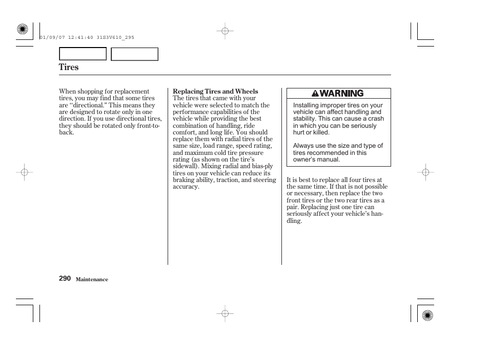 Tires | Acura 2002 MDX - Owner's Manual User Manual | Page 294 / 372