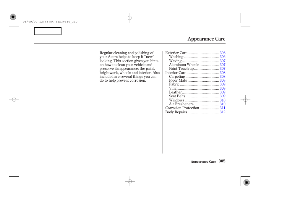 Appearance care | Acura 2002 MDX - Owner's Manual User Manual | Page 309 / 372