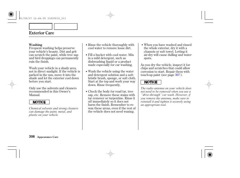 Exterior care | Acura 2002 MDX - Owner's Manual User Manual | Page 310 / 372