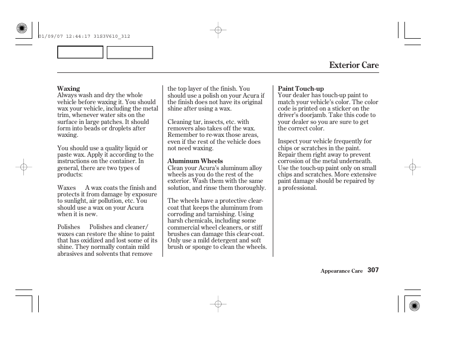 Exterior care | Acura 2002 MDX - Owner's Manual User Manual | Page 311 / 372