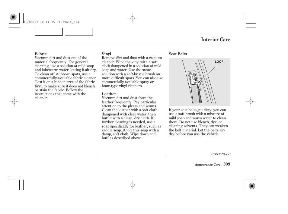 Interior care | Acura 2002 MDX - Owner's Manual User Manual | Page 313 / 372