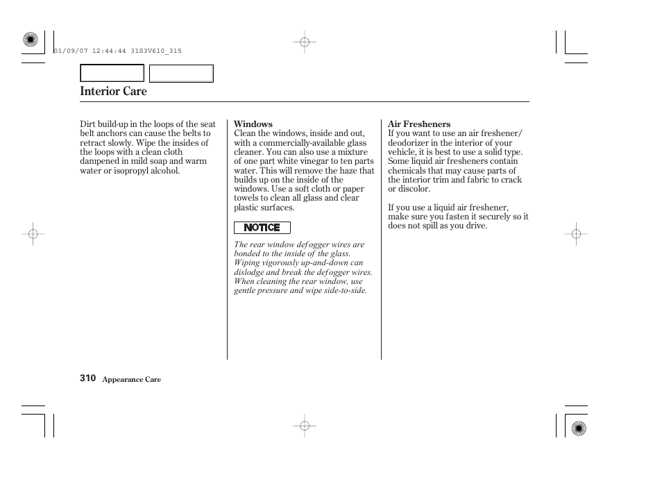 Interior care | Acura 2002 MDX - Owner's Manual User Manual | Page 314 / 372