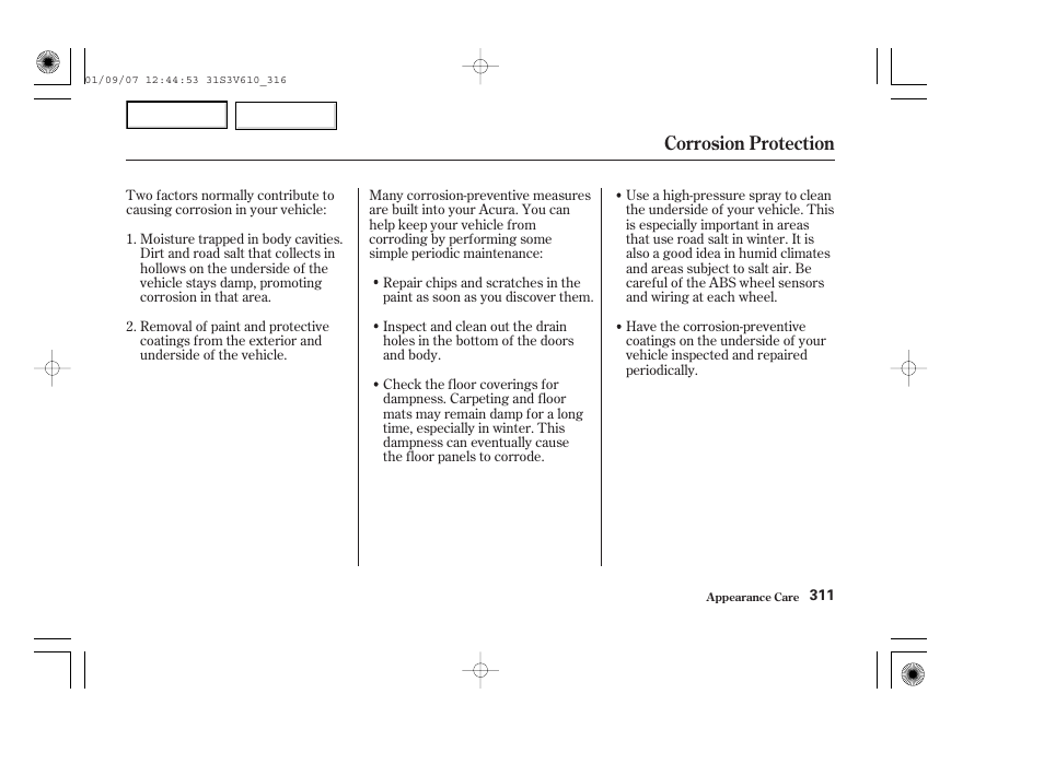 Corrosion protection | Acura 2002 MDX - Owner's Manual User Manual | Page 315 / 372