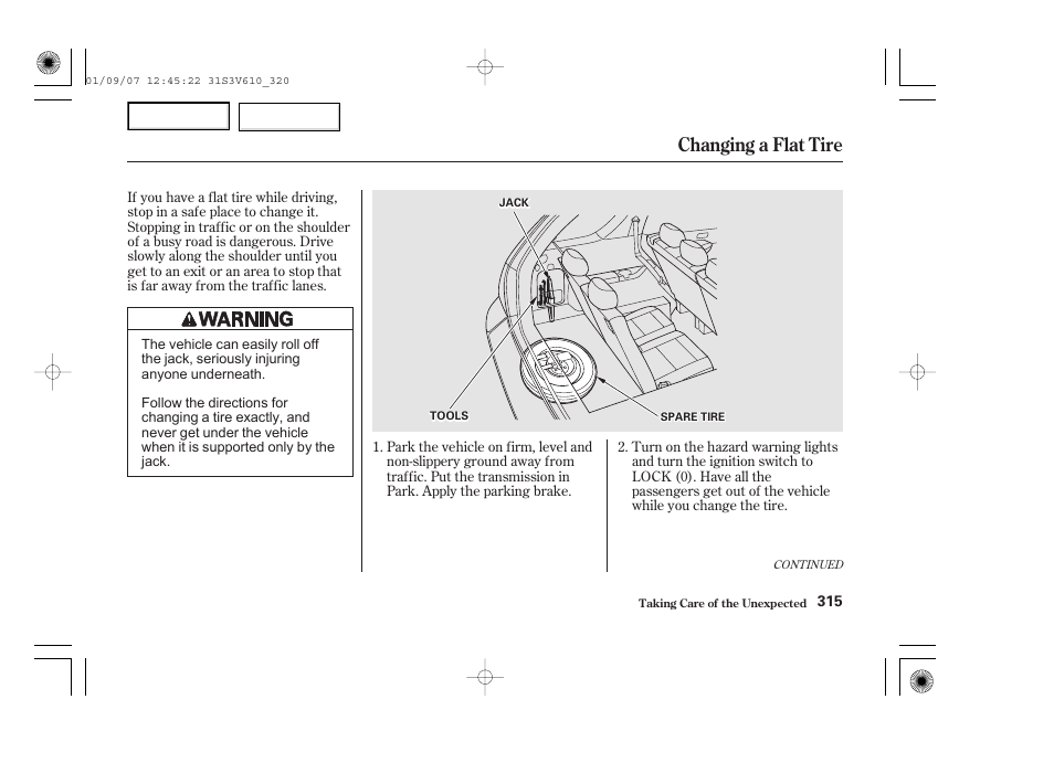 Changing a flat tire | Acura 2002 MDX - Owner's Manual User Manual | Page 319 / 372