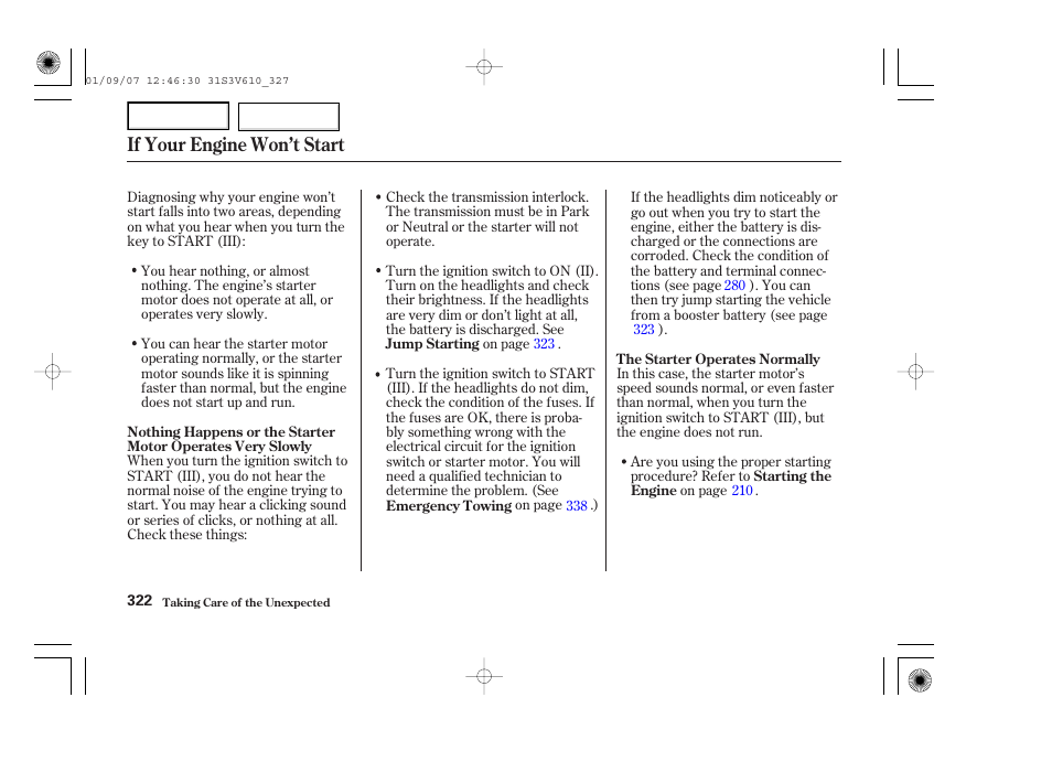 If your engine won’t start | Acura 2002 MDX - Owner's Manual User Manual | Page 326 / 372
