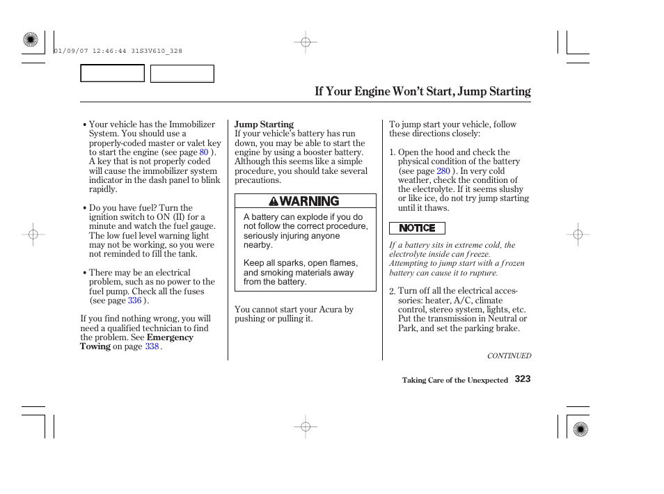 If your engine won’t start, jump starting | Acura 2002 MDX - Owner's Manual User Manual | Page 327 / 372