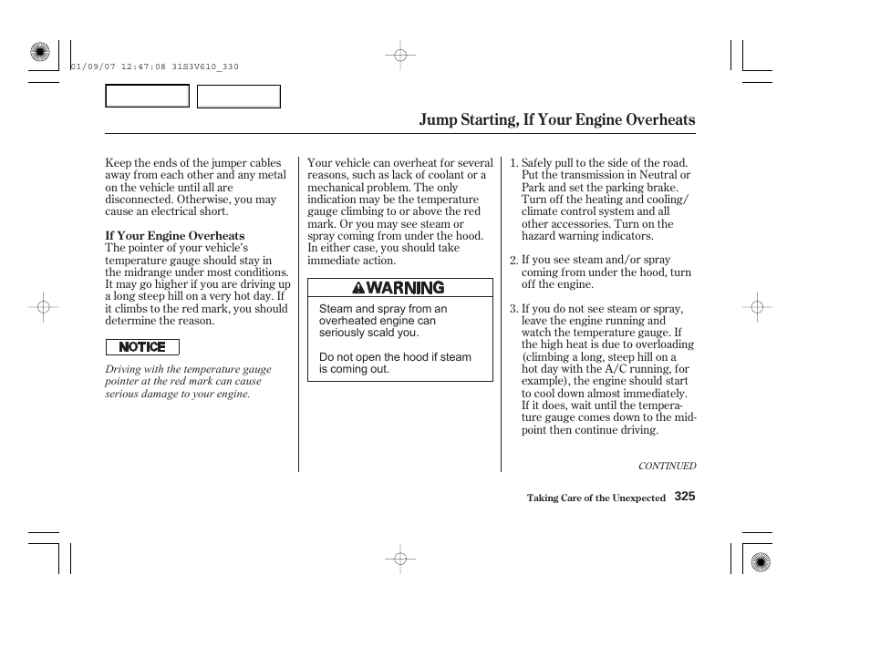 Jump starting, if your engine overheats | Acura 2002 MDX - Owner's Manual User Manual | Page 329 / 372