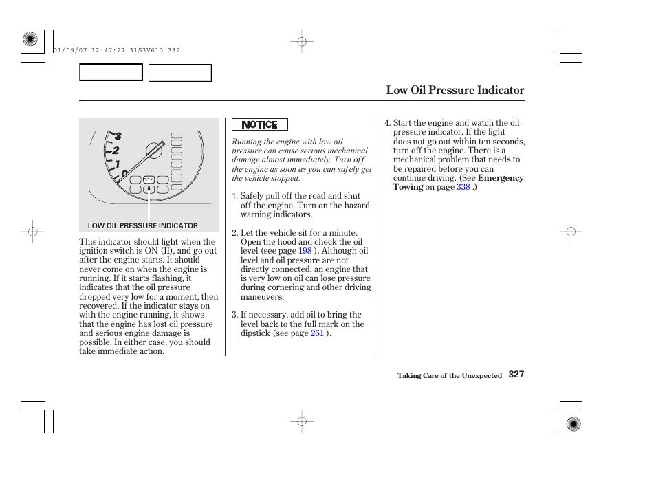 Low oil pressure indicator | Acura 2002 MDX - Owner's Manual User Manual | Page 331 / 372