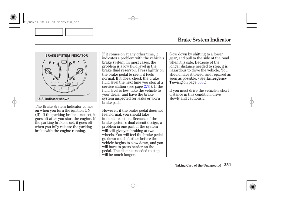 Brake system indicator | Acura 2002 MDX - Owner's Manual User Manual | Page 335 / 372