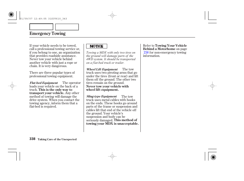 Emergency towing | Acura 2002 MDX - Owner's Manual User Manual | Page 342 / 372