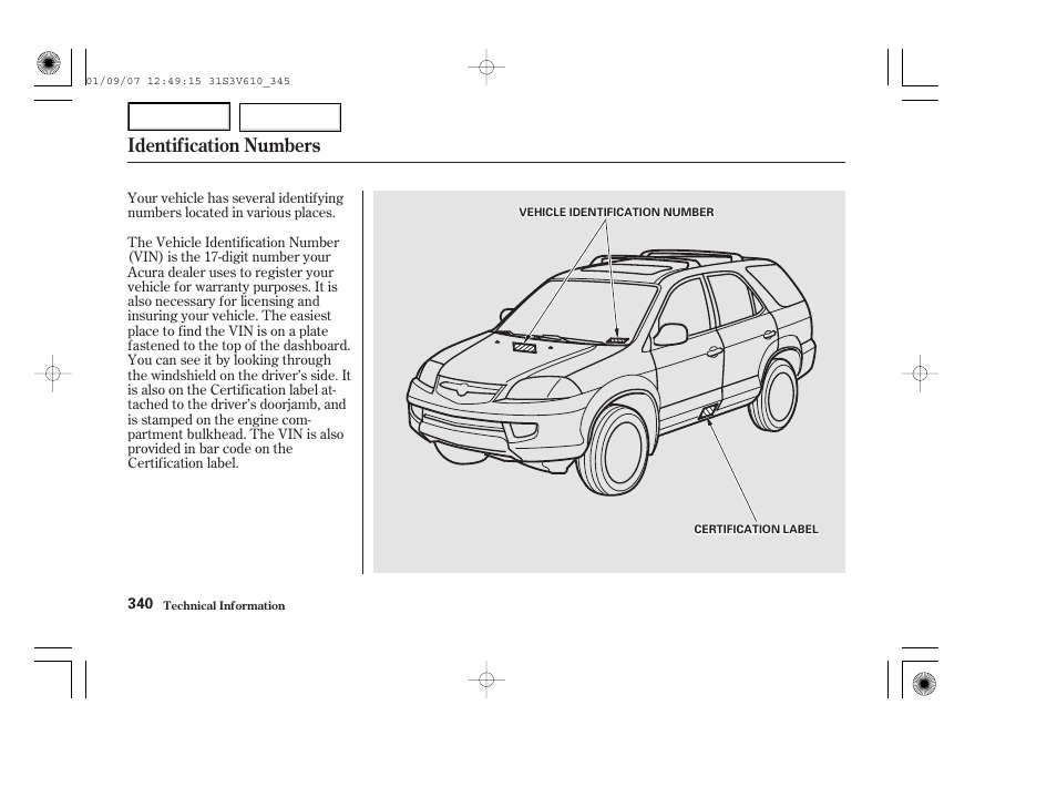 Identification numbers | Acura 2002 MDX - Owner's Manual User Manual | Page 344 / 372