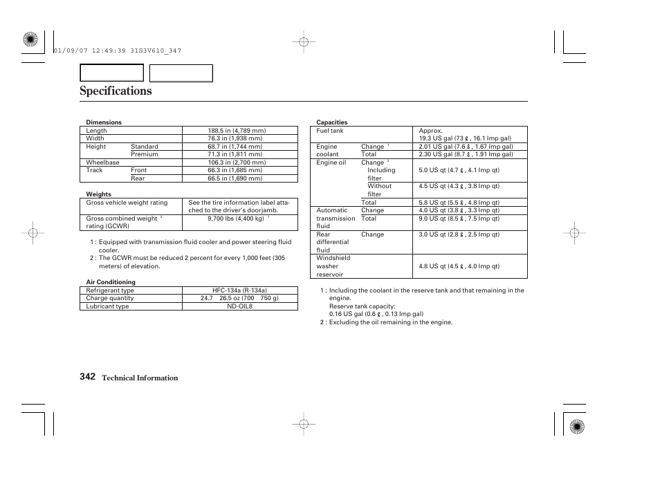 Specifications | Acura 2002 MDX - Owner's Manual User Manual | Page 346 / 372
