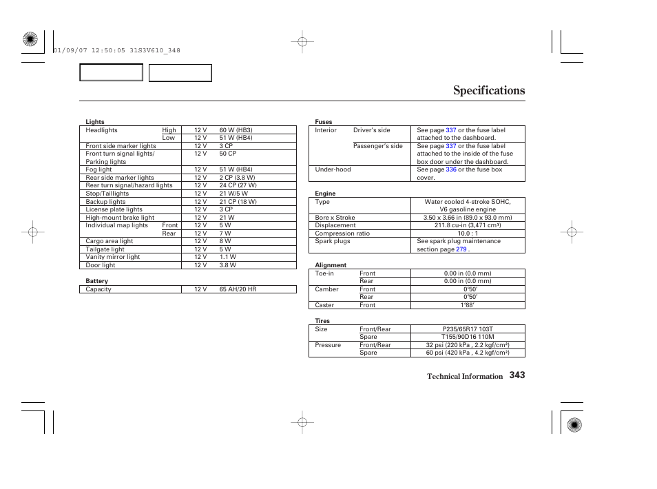 Specifications | Acura 2002 MDX - Owner's Manual User Manual | Page 347 / 372