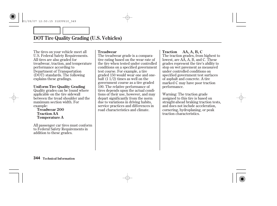 Dot tire quality grading (u.s. vehicles) | Acura 2002 MDX - Owner's Manual User Manual | Page 348 / 372