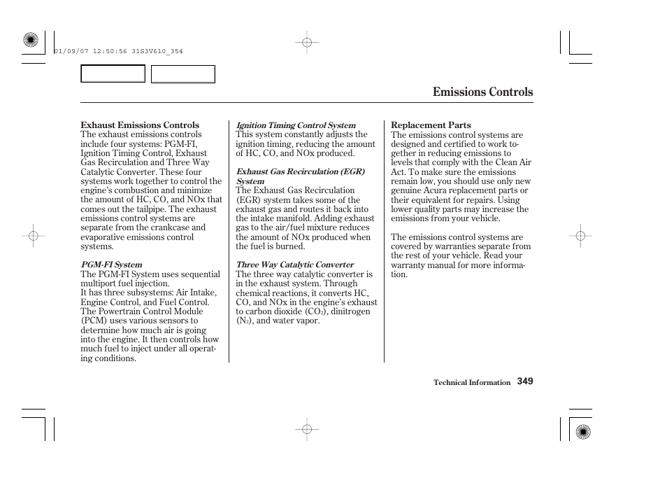 Emissions controls | Acura 2002 MDX - Owner's Manual User Manual | Page 353 / 372