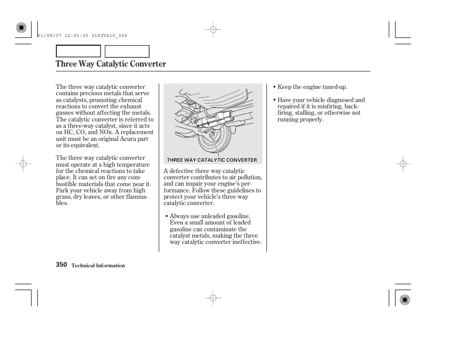 Three way catalytic converter | Acura 2002 MDX - Owner's Manual User Manual | Page 354 / 372