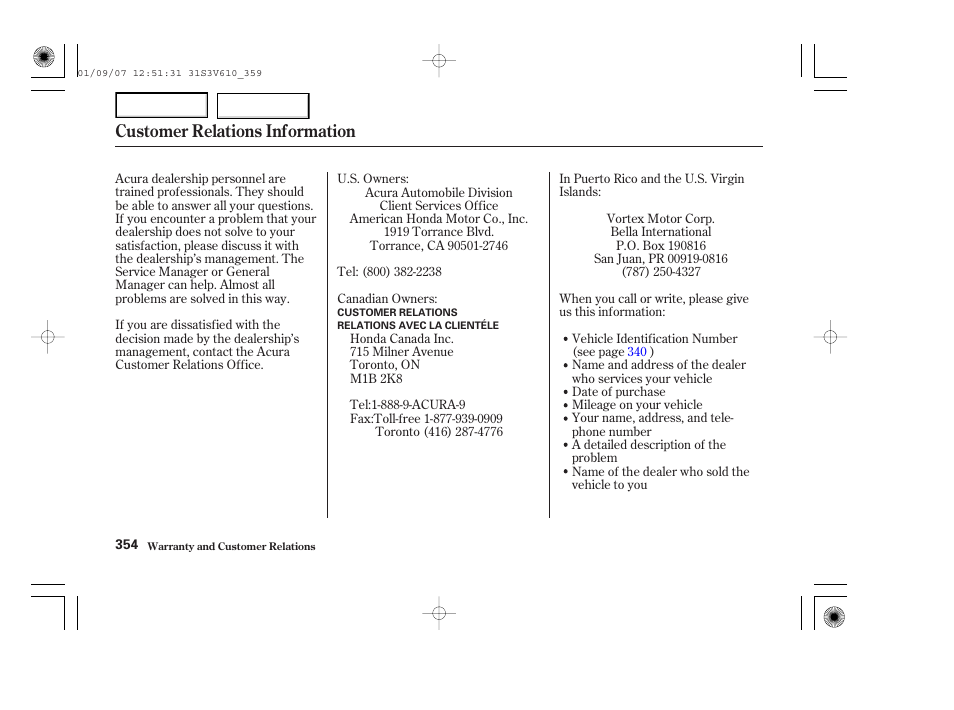 Customer relations information | Acura 2002 MDX - Owner's Manual User Manual | Page 358 / 372